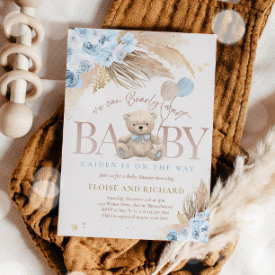 Boho Nalle Boy Blue Barly Wait Baby Shower Inbjudningar