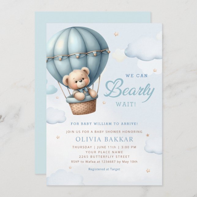 Boho Nalle Boy Blue Barly Wait Baby Shower Inbjudningar (Fram/baksida)