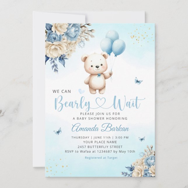 Boho Nalle Boy Blue Barly Wait Baby Shower Inbjudningar (Framsida)