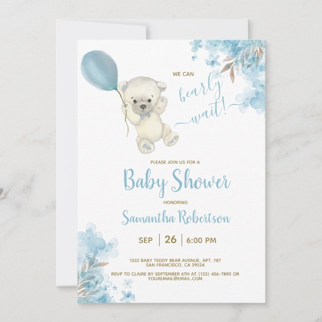 Boho Nalle Dusty Blue Balloon Boy Shower Inbjudningar (Framsida)