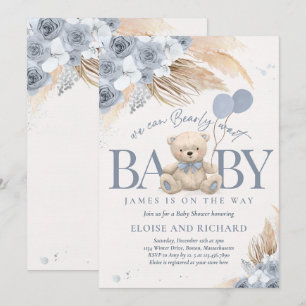 Boho Nalle Dusty Blue Barly Wait Baby Shower Inbjudningar