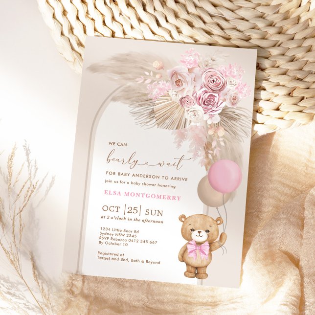 Boho Nalle Dusty Rosa Blommigt Flicka Shower Inbjudningar (Skapare uppladdad)