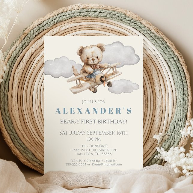 Boho Nalle Flygplan Födelsedagsfest inbjudan (Vintage Airplane and Teddy Bear Bear-y First Birthday Invitation)