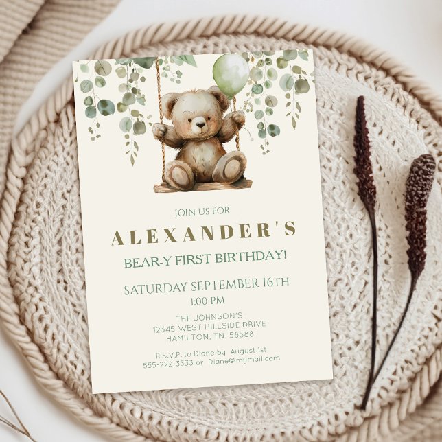 Boho Nalle Födelsedagsfest inbjudan (Boho Teddy Bear Bear-y First Birthday Party Invitation)