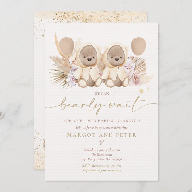 Boho Nalle Gender Neutral Twin Baby Shower Inbjudningar (Fram/baksida)