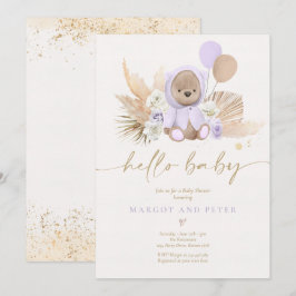 Boho Nalle Girl Lilac Barly Wait Baby Shower Inbjudningar