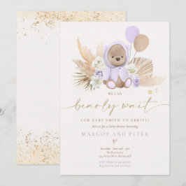 Boho Nalle Girl Lilac Barly Wait Baby Shower Inbjudningar