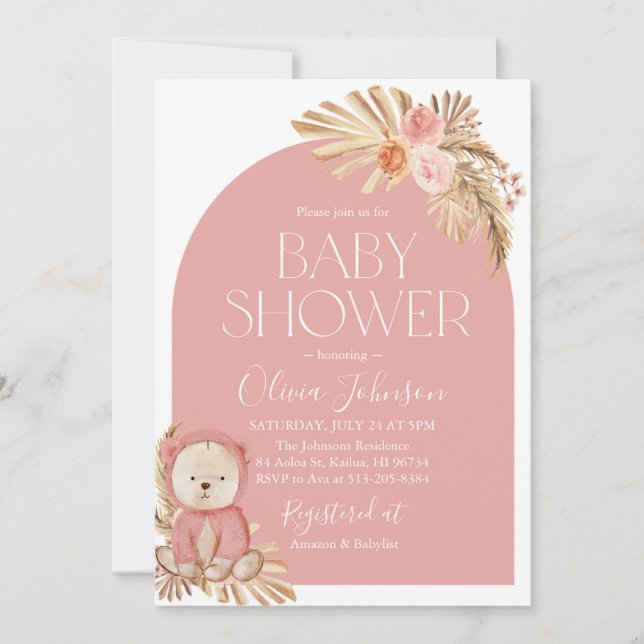 Boho Nalle Girl Rosa Baby Shower-inbjudan Inbjudningar (Framsida)