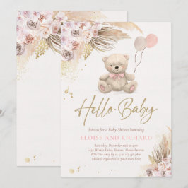 Boho Nalle Girl Rosa Barly Wait Baby Shower Inbjudningar