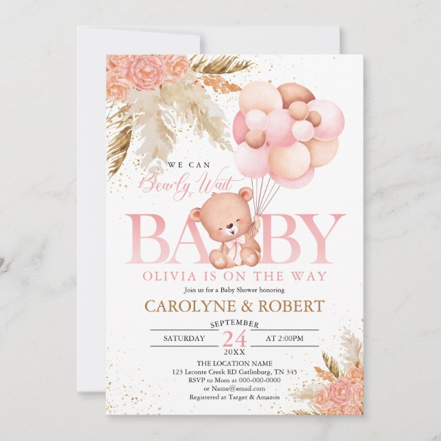 Boho Nalle Girl Rosa Barly Wait Baby Shower Inbjudningar (Framsida)