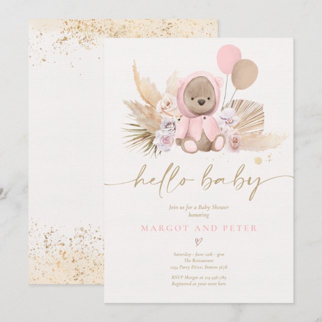 Boho Nalle Girl Rosa Barly Wait Baby Shower Inbjudningar (Fram/baksida)