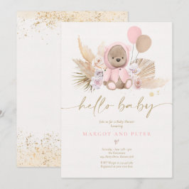 Boho Nalle Girl Rosa Barly Wait Baby Shower Inbjudningar