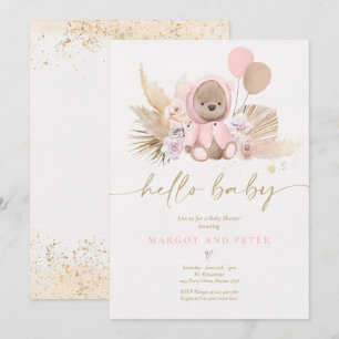 Boho Nalle Girl Rosa Barly Wait Baby Shower Inbjudningar