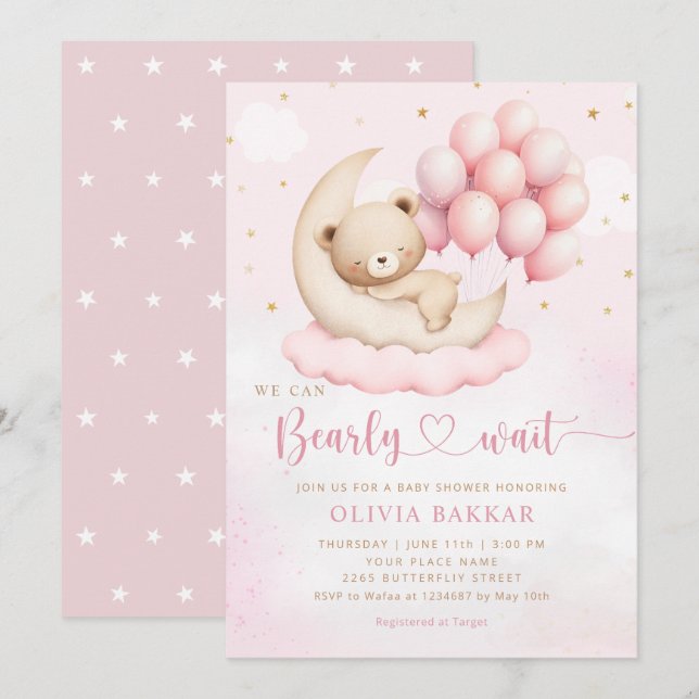 Boho Nalle Girl Rosa Barly Wait Baby Shower Inbjudningar (Fram/baksida)