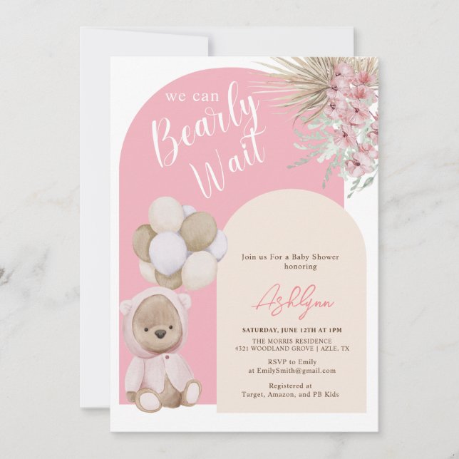 Boho Nalle Girl Rosa Barly Wait Baby Shower Inbjudningar (Framsida)
