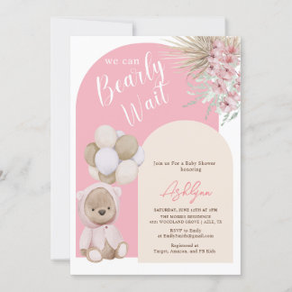 Boho Nalle Girl Rosa Barly Wait Baby Shower Inbjudningar