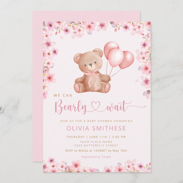 Boho Nalle Girl Rosa Barly Wait Baby Shower Inbjudningar (Fram/baksida)