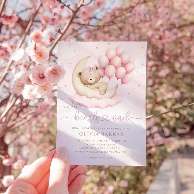 Boho Nalle Girl Rosa Barly Wait Baby Shower Inbjudningar (Skapare uppladdad)