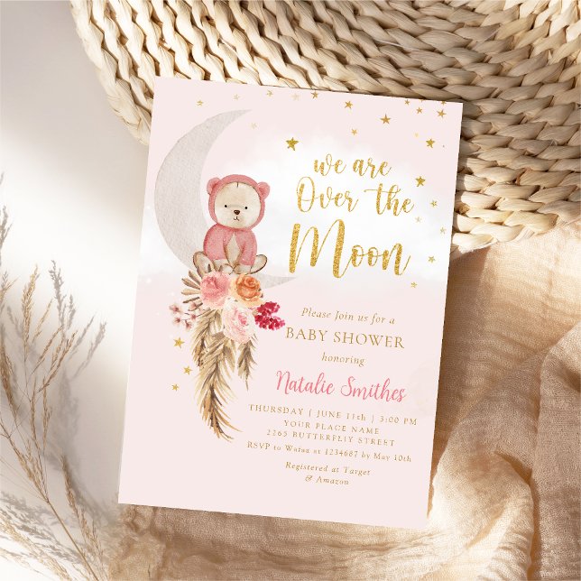 Boho Nalle Girl Rosa Barly Wait Baby Shower Inbjudningar (Skapare uppladdad)
