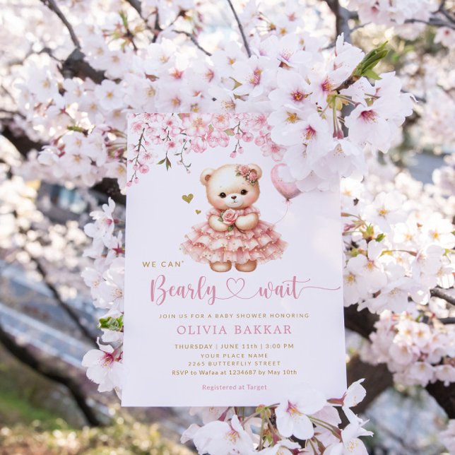 Boho Nalle Girl Rosa Barly Wait Baby Shower Inbjudningar (Skapare uppladdad)