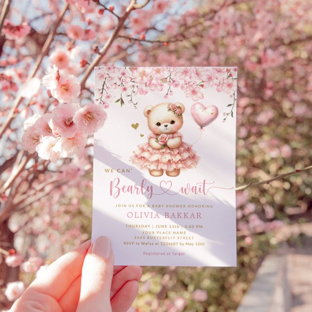 Boho Nalle Girl Rosa Barly Wait Baby Shower Inbjudningar (Skapare uppladdad)