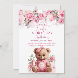 Boho Nalle Girl Rosa Bear Blommigt Birthday Inbjudningar