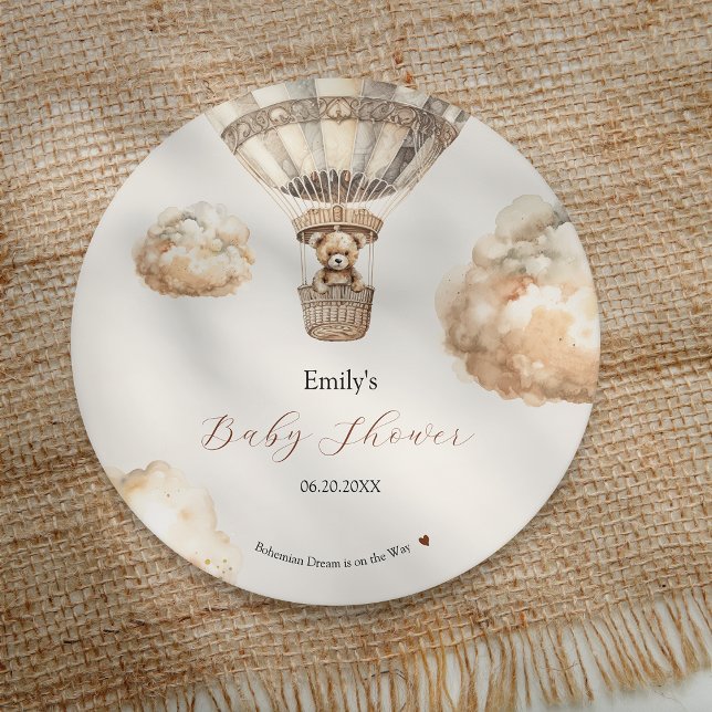 Boho Nalle Luft Balloon Clouds Baby Shower Underlägg Papper Rund (Boho Teddy Bear Air Balloon Clouds Baby Shower Round Paper Coaster)