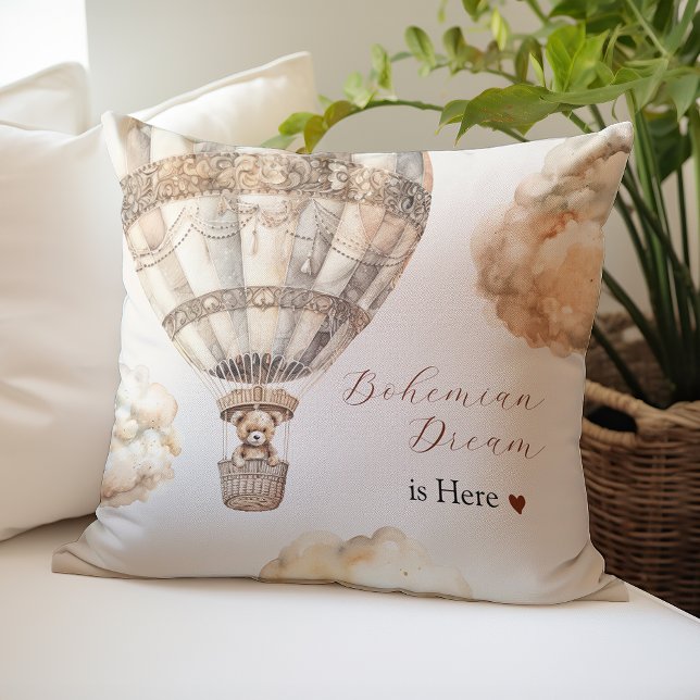 Boho Nalle Luft Balloon Clouds Himlar Baby Shower Kudde (Boho Teddy Bear Air Balloon Clouds Sky Baby Shower Throw Pillow)