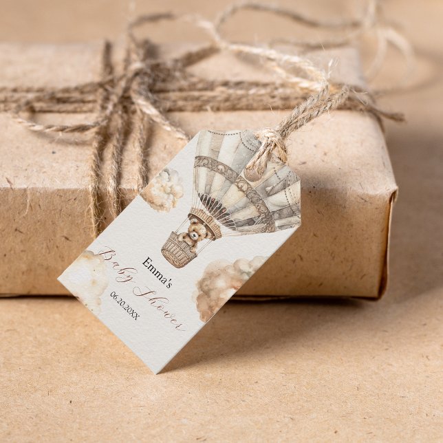 Boho Nalle Luft Balloon Himlar Baby Shower Presentetikett (Boho Teddy Bear Air Balloon Sky Baby Shower Gift Tags)