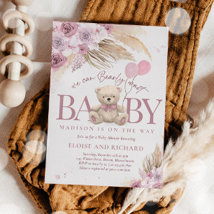 Boho Nalle Mauve Rosa Barly Wait Baby Shower Inbjudningar