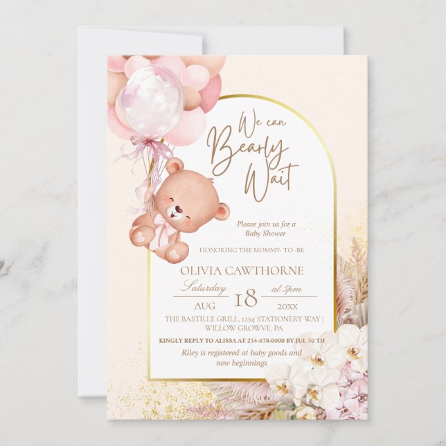 Boho Nalle Modern och blommigt Baby Shower Inbjudningar (Framsida)