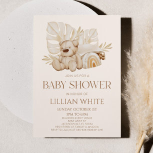 Boho Nalle Nursery Blommigt Löv Baby Shower Inbjudningar