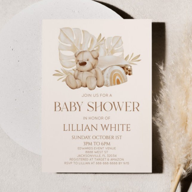 Boho Nalle Nursery Blommigt Löv Baby Shower Inbjudningar (Skapare uppladdad)