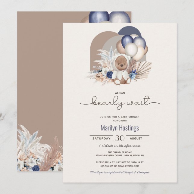 Boho-Nalle och ballonger - Barnshuggare Inbjudningar (Fram/baksida)