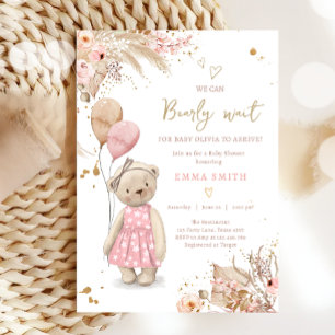 Boho Nalle Picnic Girl Rosa Baby Shower Inbjudningar