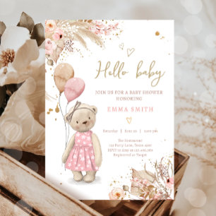 Boho Nalle Picnic Girl Rosa Baby Shower Invit Inbjudningar