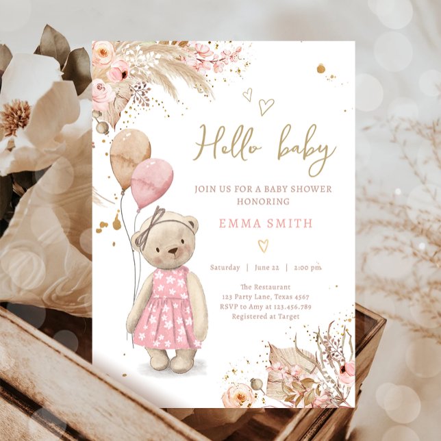 Boho Nalle Picnic Girl Rosa Baby Shower Invit Inbjudningar (Skapare uppladdad)