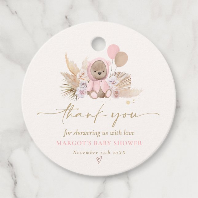 Boho Nalle Rosa Barly Wait Baby Shower Gåvor Etiketter (Framsida)