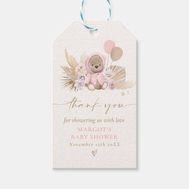 Boho Nalle Rosa Barly Wait Baby Shower Presentetikett (Framsidan)
