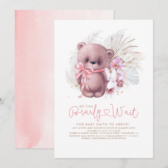 Boho Nalle Rosa Barly Wait Girl Baby Shower Inbjudningar (Fram/baksida)