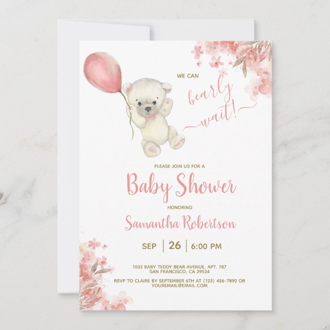 Boho Nalle Rosa Blommigt Ballon Baby Shower Inbjudningar (Framsida)