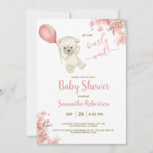 Boho Nalle Rosa Blommigt Ballon Baby Shower Inbjudningar