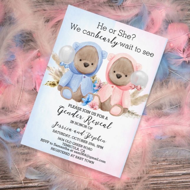 Boho Nalle Rosa Blue Gender Reveal Inbjudningar (Skapare uppladdad)