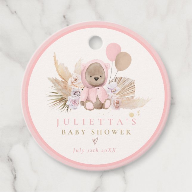 Boho Nalle Rosa Nalle Baby Shower Gift Gåvor Etiketter (Framsida)