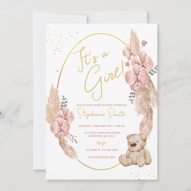 Boho Nalle Rosa och Guld Baby Shower Inbjudningar (Framsida)