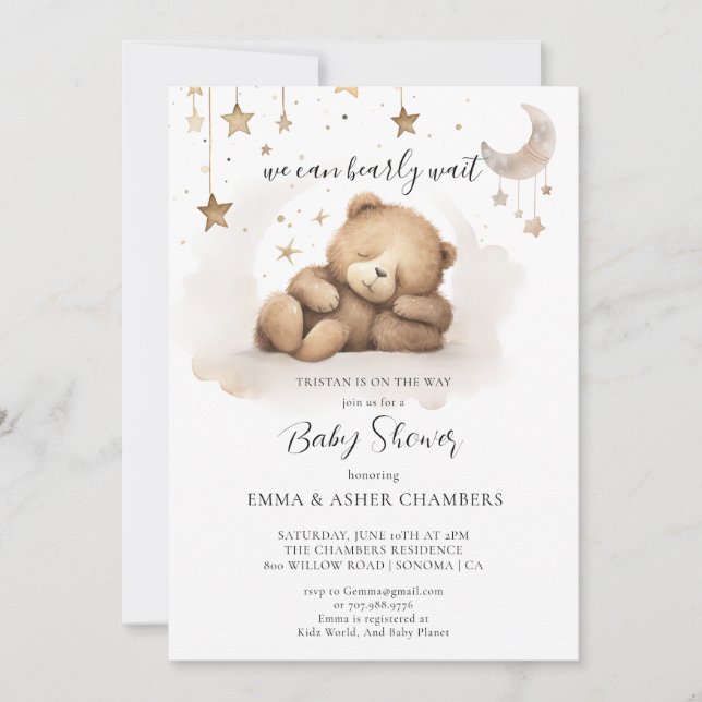 Boho Nalle Stars Måne Baby Shower Inbjudningar (Framsida)