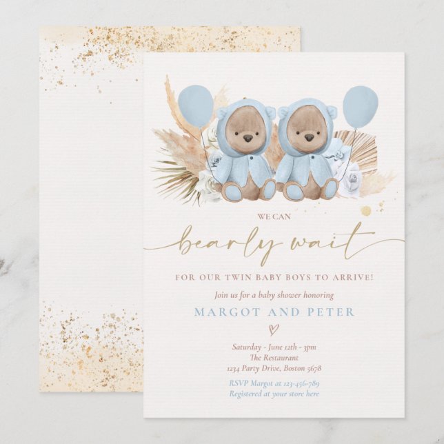 Boho Nalle Twin Boys Barly Wait Baby Shower Inbjudningar (Fram/baksida)