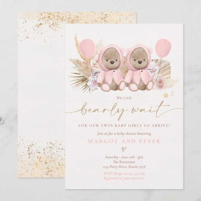 Boho Nalle Twin Girls Barly Wait Baby Shower Inbjudningar (Fram/baksida)