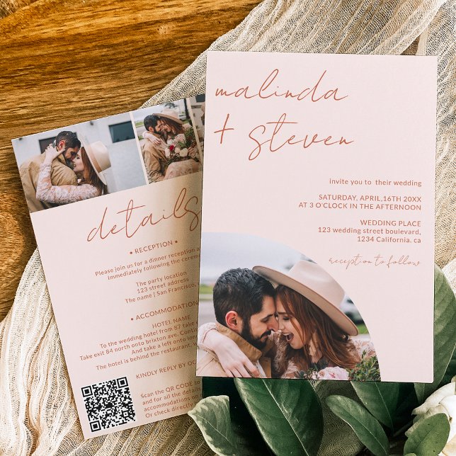 Boho Namn-skript Arch 4-foto i ett bröllop Inbjudningar (Skapare uppladdad)