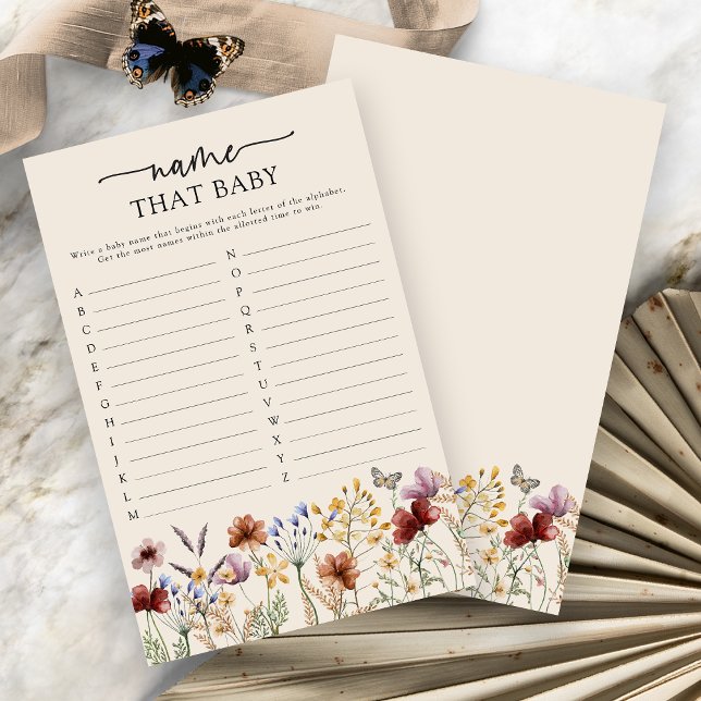 Boho Namnge Den Bebisen Spelet (Boho Floral Name That Baby Game Card by Painted Paperie
)